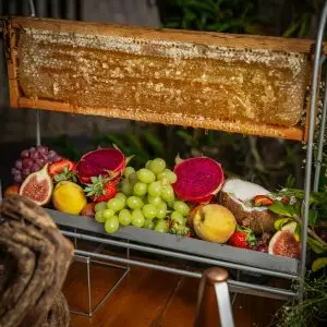 Menú Vibrant array of fruits with fresh honeycomb arranged beautifully outdoors.